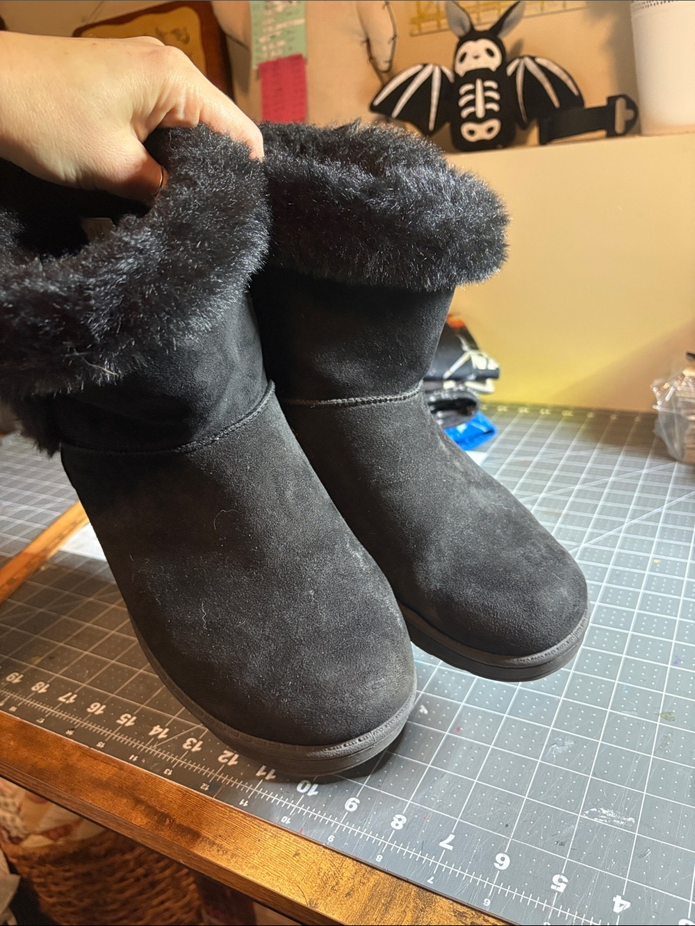 SO Black Faux Fur Cuff Slip-On Winter Booties